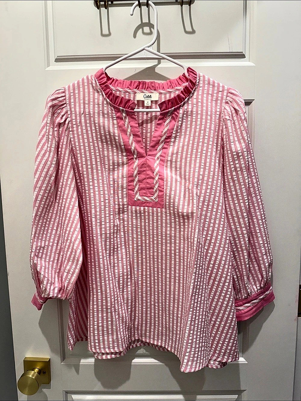 Oddi Pink White Striped Ruffle Sleeve Blouse Size Medium